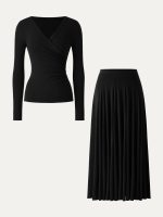 2Pcs Set Surplice Ruched Long Sleeve & Godet Hem Pull-on Maxi Skirt - Image 15