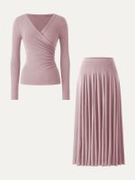 2Pcs Set Surplice Ruched Long Sleeve & Godet Hem Pull-on Maxi Skirt - Image 13