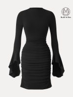 Mockneck Flounce Sleeves Ruched Mini Brami Dress - Image 10