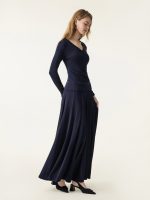 2Pcs Set Surplice Ruched Long Sleeve & Godet Hem Pull-on Maxi Skirt - Image 4