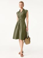 Viscose-Linen Collared V-neck Midi Dress with Drawstring - Image 13