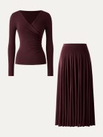 2Pcs Set Surplice Ruched Long Sleeve & Godet Hem Pull-on Maxi Skirt - Image 14