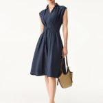 Viscose-Linen Collared V-neck Midi Dress with Drawstring