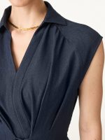 Viscose-Linen Collared V-neck Midi Dress with Drawstring - Image 5