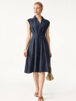 Viscose-Linen Collared V-neck Midi Dress with Drawstring - Image 4