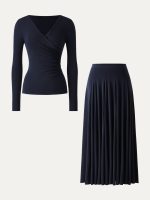 2Pcs Set Surplice Ruched Long Sleeve & Godet Hem Pull-on Maxi Skirt - Image 12