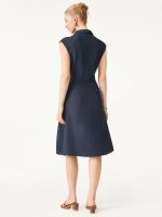 Viscose-Linen Collared V-neck Midi Dress with Drawstring - Image 11
