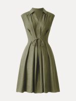 Viscose-Linen Collared V-neck Midi Dress with Drawstring - Image 14