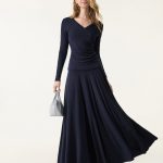 2Pcs Set Surplice Ruched Long Sleeve & Godet Hem Pull-on Maxi Skirt