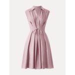 Viscose-Linen Collared V-neck Midi Dress with Drawstring - Image 15