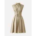 Viscose-Linen Collared V-neck Midi Dress with Drawstring - Image 16